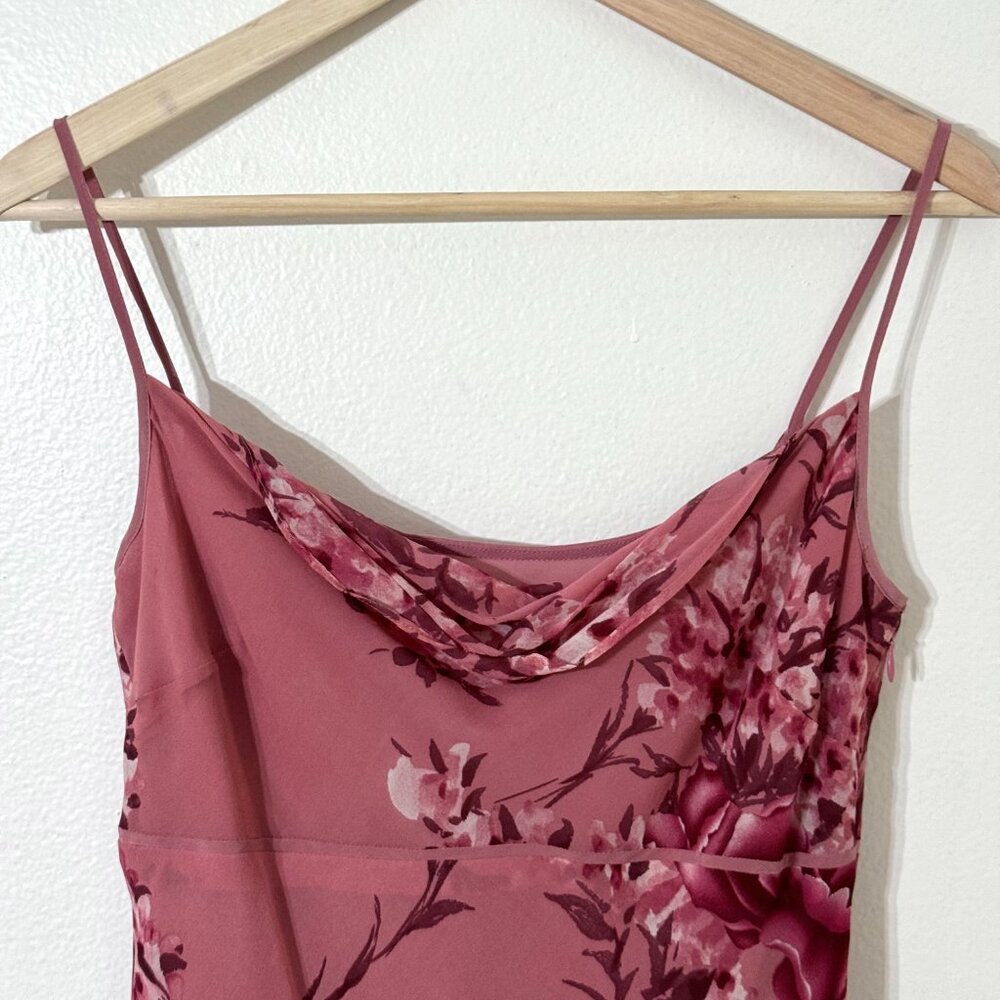 Vtg Y2K Ann Taylor Pink Floral Silk Babydoll Dress Cowl Neck Feminine Coquette - Picture 2 of 16